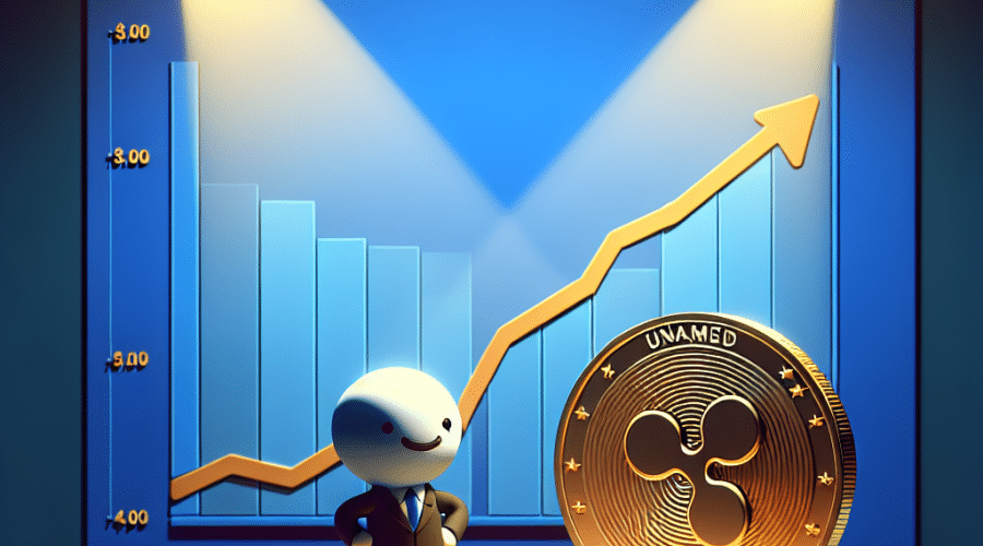"SEO optimized alt text: Illustration of cartoon character Little Pepe standing alongside a Ripple coin on a charted stage, highlighted by a spotlight against a dark blue (#000D43) background. The chart displays rising orange (#FF9811) lines, signifying growth in value. Prominent text 'Little Pepe: The Next Ripple?' aligns in brand representative colors, orange and midnight blue (#021B88)."