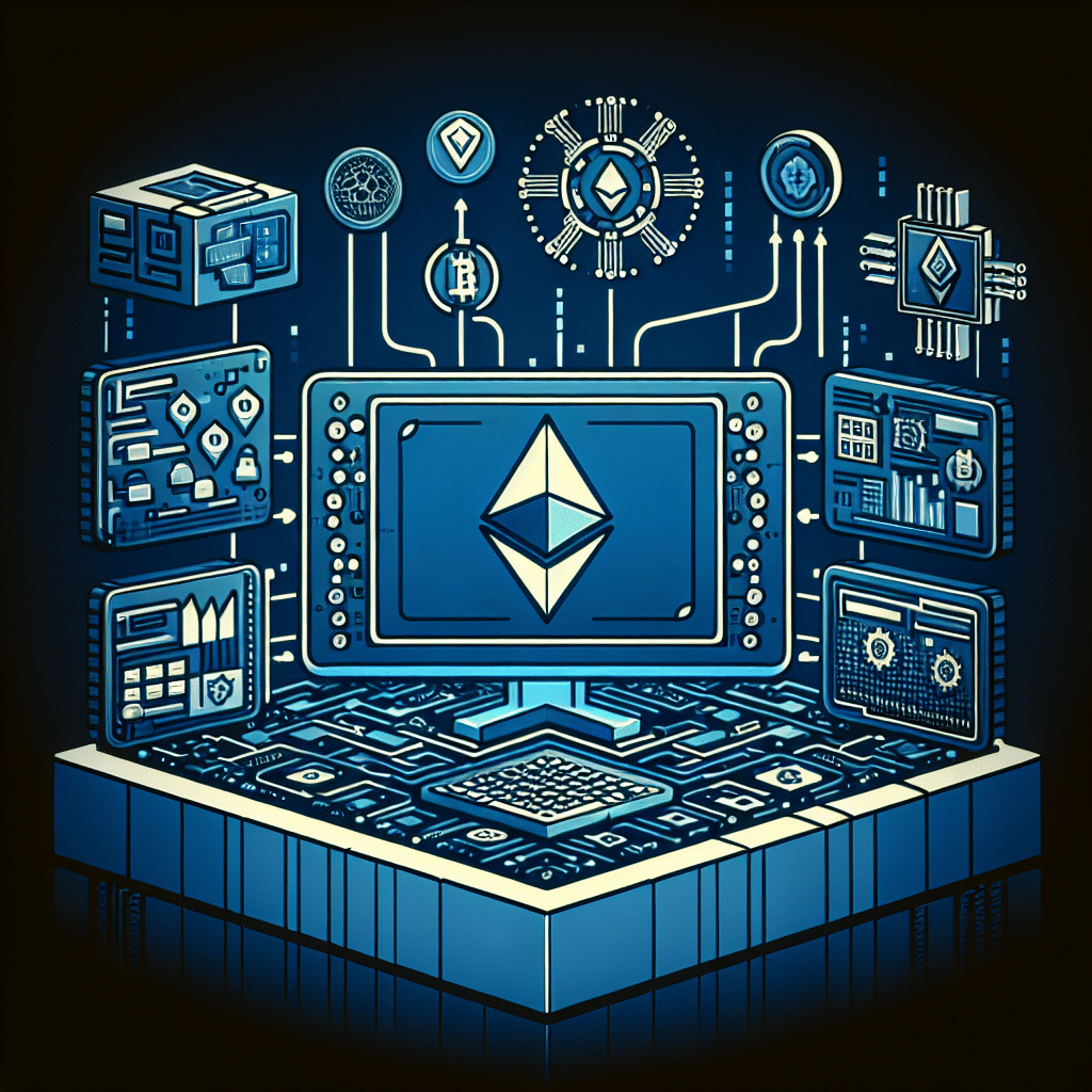 "Blue futuristic computer setup showing software upgrade process with Ethereum Virtual Machine (EVM) and CosmWasm symbols layered, alongside orange digital assets representing tokenization. Symbols of private equity, real estate, bonds, and commodities subtly blended on the top half. Central MANTRA logo representing the integrative nexus. Background features a subtle midnight blue pattern. Image designed with the color palette: Orange- #FF9811, Dark Blue- #000D43, and Midnight Blue- #021B88 in 1200 x 628 pixels size."
