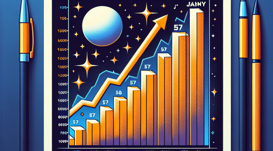 "An orange bar graph illustrating a steady rise in 'Memecoin' keyword search volume from dormant to 57, displayed against a backdrop featuring the subtle elements of Crypto Twitter in dark blue. The peak in January is marked 100, coinciding with the TRUMP memecoin launch mania. The words 'Memecoin Revival' are prominent yet balanced in the display, signifying a conscious, growing engagement in crypto assets. The image, outlined in midnight blue, is sized 1200 x 628 pixels."