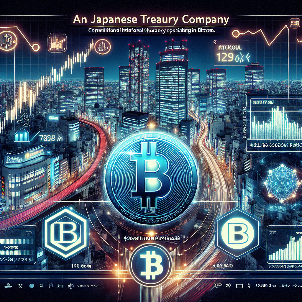 "1200x628 px image showcasing Metaplanet, a Japanese Bitcoin treasury company against a nighttime Tokyo skyline, prominent company logo, a graph illustrating stock value surge in yen and BTC, and Nakamoto Holdings' logo with '-million committed purchase' tagline. Image features a blend of physical and digital symbolic elements representing Metaplanet's bitcoin holdings, in line with the professional aesthetic of our website and brand color scheme."