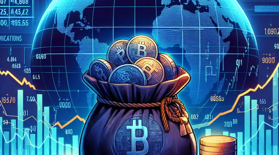 "Metaplanet CEO discussing average Bitcoin price in vibrant Orange #FF9811, amidst strategic Bitcoin accumulation using a gladstone bag, with backdrop of a digitally portrayed globe symbolizing Metaplanet's global reach. The image also illustrates arithmetic symbols reflecting transaction volume, alongside fluctuating stock market graphs in Dark Blue #000D43. The Metaplanet logo, displayed in Midnight Blue #021B88, signifies the increase in the company's total Bitcoin holdings."