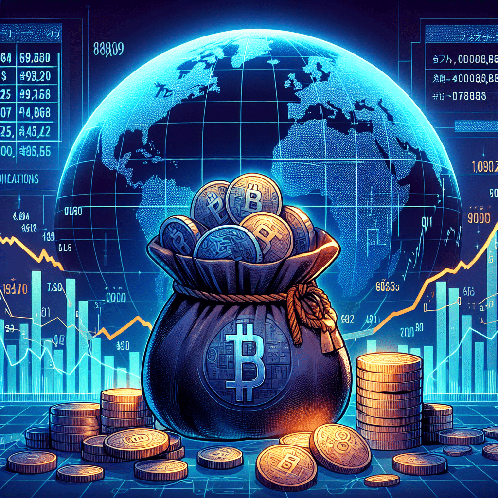"Metaplanet CEO discussing average Bitcoin price in vibrant Orange #FF9811, amidst strategic Bitcoin accumulation using a gladstone bag, with backdrop of a digitally portrayed globe symbolizing Metaplanet's global reach. The image also illustrates arithmetic symbols reflecting transaction volume, alongside fluctuating stock market graphs in Dark Blue #000D43. The Metaplanet logo, displayed in Midnight Blue #021B88, signifies the increase in the company's total Bitcoin holdings."