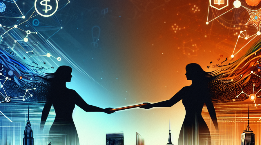 Certainly! Here’s a great SEO-friendly alt-text for your described image: **Alt-text:** "Modern abstract image sized 1200x628 pixels illustrating financial innovation and regulatory leadership; features digital network elements, blockchain icons, and stylized skyscrapers against a dynamic New York skyline. Two professional female silhouettes perform a baton handoff symbolizing transition and progress. Prominent brand colors—vibrant orange (#FF9811), dark blue (#000D43), and midnight blue (#021B88)—evoke stability and forward-thinking change in financial regulation." This alt-text supports SEO with keywords: financial innovation, regulatory leadership, blockchain, baton handoff, New York skyline, brand colors, and financial regulation.