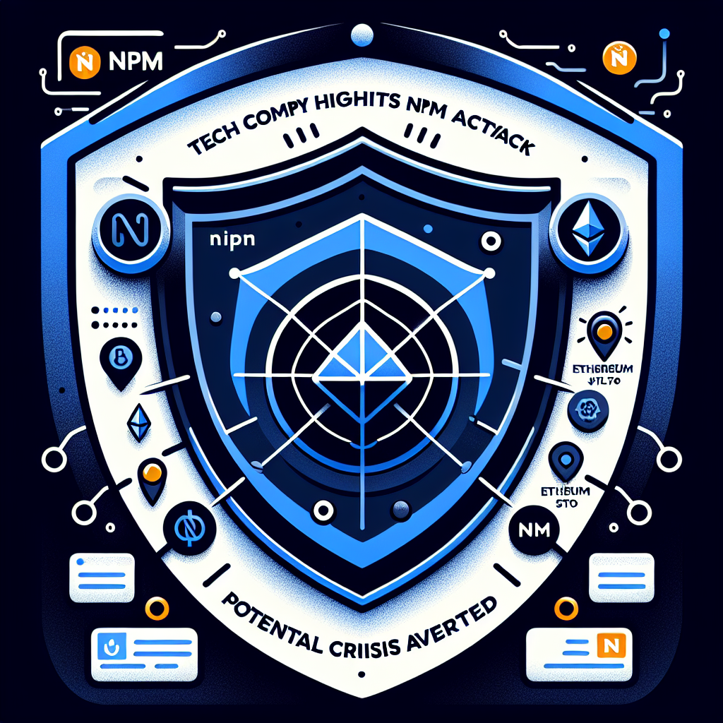 "Graphic illustration presenting Ledger's security against NPM ecosystem attack with stylized dark blue security shield resisting a phishing email. The Ledger logo, Ethereum, Solana and other chains are subtly included in the background, representing web-crypto activity. The bold orange title says 'Ledger CTO Highlights NPM Ecosystem Attack' with a smaller statement in midnight blue stating 'Potential Crisis Averted' - Reflecting our brand's professional style."