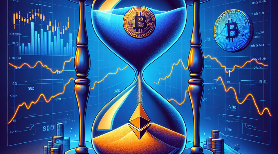 "Large dark blue hourglass filled with orange Bitcoin and Ethereum symbols flowing down like sand on a midnight blue background, representing options expiry with price fluctuation graphs and waves illustrating volatility, for a WordPress blog post discussing impact on BTC and ETH prices, image size 1200 x 628 pixels."