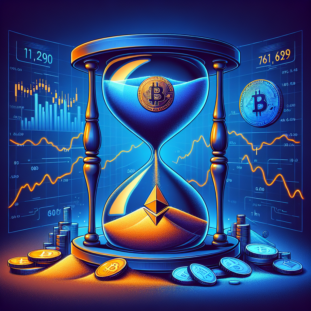 "Large dark blue hourglass filled with orange Bitcoin and Ethereum symbols flowing down like sand on a midnight blue background, representing options expiry with price fluctuation graphs and waves illustrating volatility, for a WordPress blog post discussing impact on BTC and ETH prices, image size 1200 x 628 pixels."