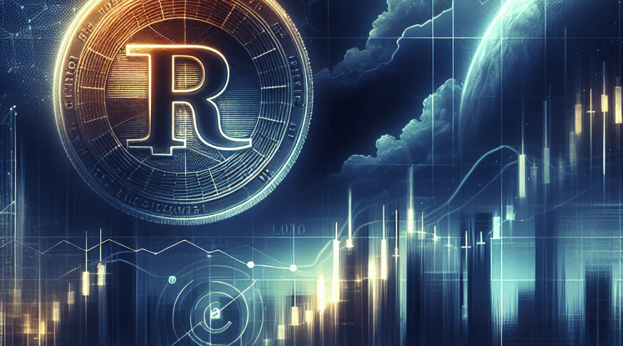 "Pi Network coin centrally placed on a financial graph depicting bearish trends with Ichimoku cloud and Relative Strength Index indicators, surrounded by a backdrop subtly transitioning from dark blue to midnight blue with faint city skyline symbolizing institutional investors and exchanges, garnished with the bold orange phrase 'Pi Network - Navigating Through Bearish Terrain' and a subtly positioned brand logo watermark in the lower right corner inviting to professionally artistic themes of the upcoming article."