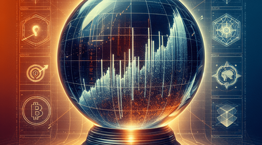 "Crystal ball depicting upward market growth trend in dark blue on a gradient background transitioning from orange to midnight blue, representing prediction markets. Polymarket, Kalshi, Robinhood, and Coinbase logos subtly incorporated near the crystal ball. Features the bold text title 'The Future of Prediction Markets' with the subtitle 'Where Crypto, AI and News Converge' in white at the bottom. Designed as a visually striking 1200x628 banner."