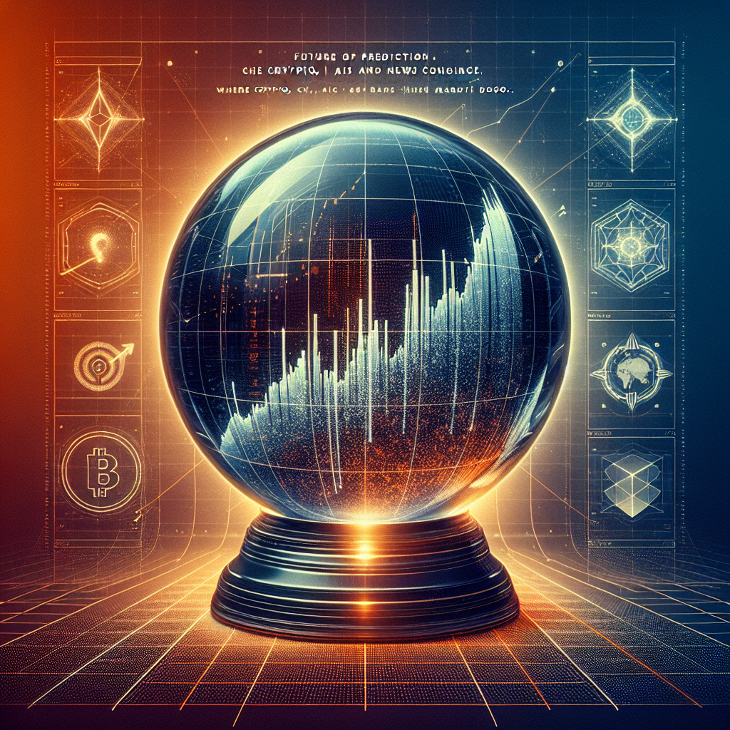 "Crystal ball depicting upward market growth trend in dark blue on a gradient background transitioning from orange to midnight blue, representing prediction markets. Polymarket, Kalshi, Robinhood, and Coinbase logos subtly incorporated near the crystal ball. Features the bold text title 'The Future of Prediction Markets' with the subtitle 'Where Crypto, AI and News Converge' in white at the bottom. Designed as a visually striking 1200x628 banner."