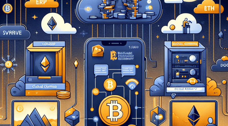 "ProfitableMining infographic portraying popular cryptocurrencies such as Bitcoin, Ethereum, Ripple, and Dogecoin. The image highlights cloud mining and green energy solutions for efficient crypto mining, displayed on a screen of a smartphone or computer with ProfitableMining logo. Dominant colours are brand-specific Orange, Dark Blue and Midnight Blue. The background subtly suggests the potential for passive income through cryptocurrency investment. Emphasises on high returns, low entry barriers, and smart features of ProfitableMining service."