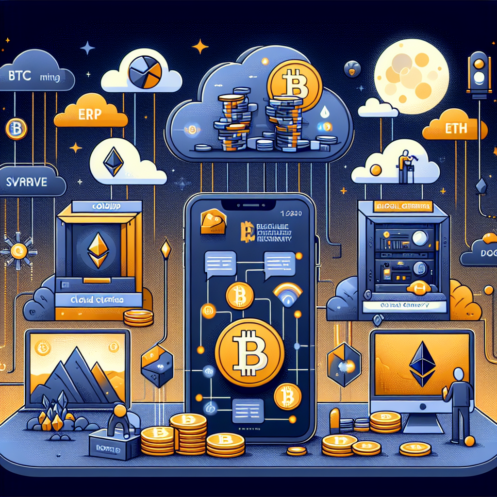 "ProfitableMining infographic portraying popular cryptocurrencies such as Bitcoin, Ethereum, Ripple, and Dogecoin. The image highlights cloud mining and green energy solutions for efficient crypto mining, displayed on a screen of a smartphone or computer with ProfitableMining logo. Dominant colours are brand-specific Orange, Dark Blue and Midnight Blue. The background subtly suggests the potential for passive income through cryptocurrency investment. Emphasises on high returns, low entry barriers, and smart features of ProfitableMining service."