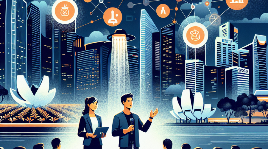 SEO Alt-Text Example: Sleek modern illustration of a dynamic Web3 startup demo day in Singapore, featuring diverse founders pitching blockchain, AI, and crypto innovations on stage against a high-tech cityscape with Marina Bay Sands in the background. The vibrant scene includes subtle elements of electric vehicles, hydroponic gardens, stablecoins, and financial growth, accented in orange (#FF9811), dark blue (#000D43), and midnight blue (#021B88), capturing the optimism and future of digital finance and investment.