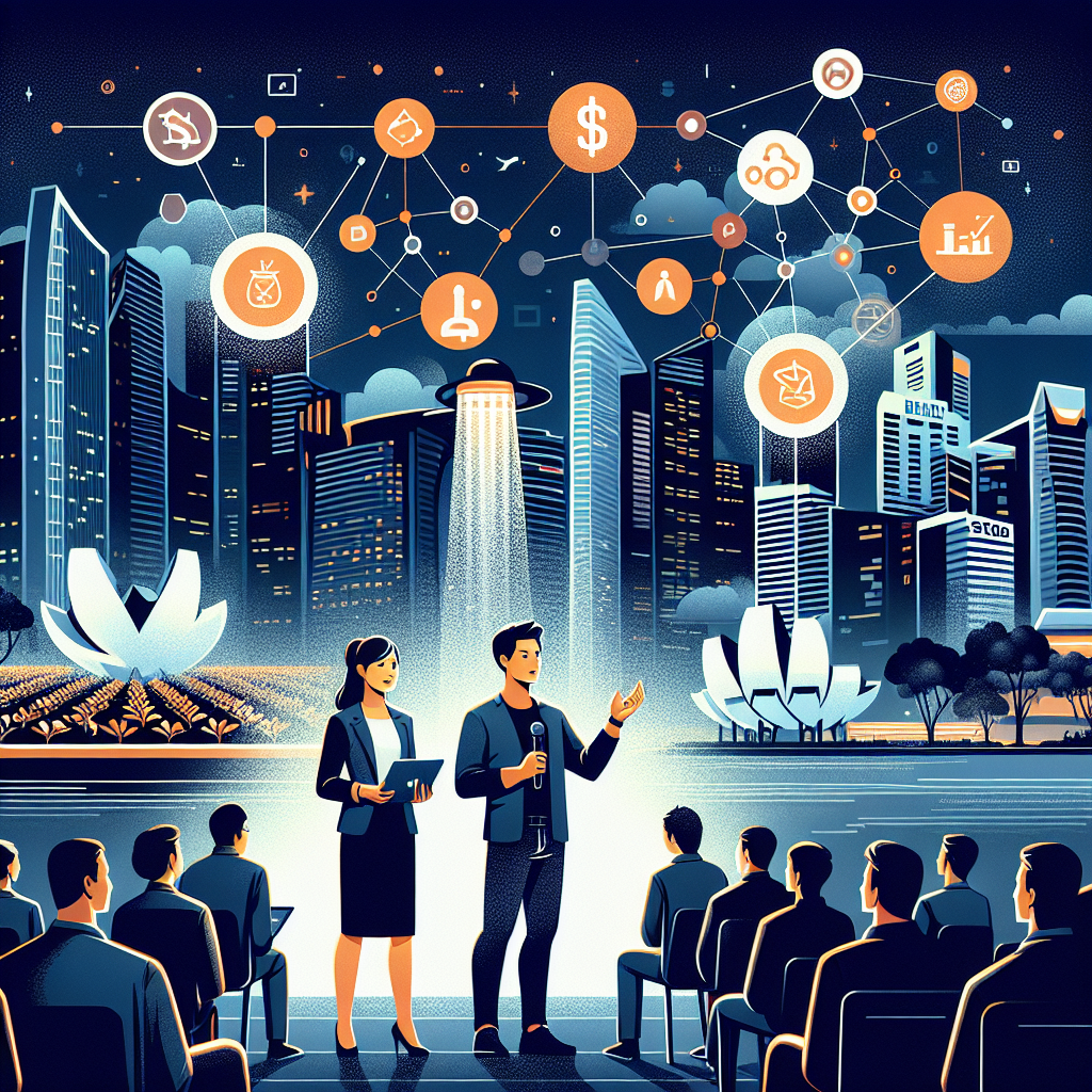 SEO Alt-Text Example: Sleek modern illustration of a dynamic Web3 startup demo day in Singapore, featuring diverse founders pitching blockchain, AI, and crypto innovations on stage against a high-tech cityscape with Marina Bay Sands in the background. The vibrant scene includes subtle elements of electric vehicles, hydroponic gardens, stablecoins, and financial growth, accented in orange (#FF9811), dark blue (#000D43), and midnight blue (#021B88), capturing the optimism and future of digital finance and investment.