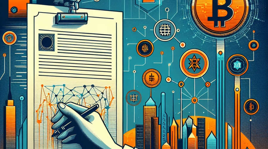 **SEO Alt-text:** Digital illustration of a Solana ETF approval concept, featuring a stylized ETF document stamped "Approved" as Solana's blockchain symbols—logo, nodes, coins, and data streams—flow into the paper, set against a geometric background in orange (#FF9811), dark blue (#000D43), and midnight blue (#021B88). The scene blends a futuristic Wall Street skyline into a blockchain network, symbolizing the merger of traditional finance and cryptocurrency, perfectly sized for 1200x628 pixels and evoking a professional, institutional aesthetic.