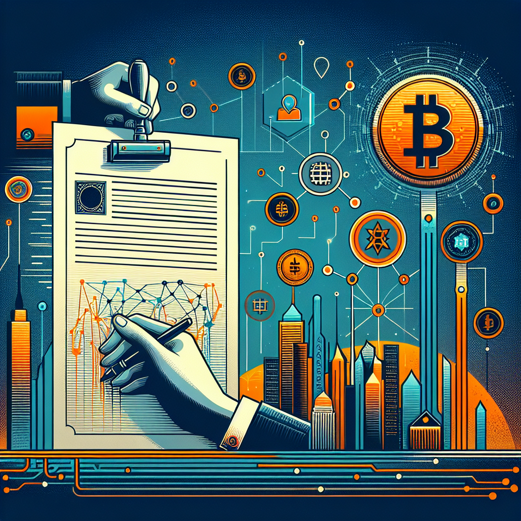**SEO Alt-text:** Digital illustration of a Solana ETF approval concept, featuring a stylized ETF document stamped "Approved" as Solana's blockchain symbols—logo, nodes, coins, and data streams—flow into the paper, set against a geometric background in orange (#FF9811), dark blue (#000D43), and midnight blue (#021B88). The scene blends a futuristic Wall Street skyline into a blockchain network, symbolizing the merger of traditional finance and cryptocurrency, perfectly sized for 1200x628 pixels and evoking a professional, institutional aesthetic.