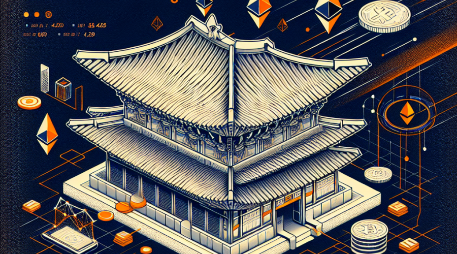 "Abstract representation of traditional Korean roof tiles forming a scalable network against a backdrop of brand colors - orange, dark blue, and midnight blue, symbolizing Upbit's innovation, trust, stability, and sophistication, respectively. Emphasizing light speed transactions symbolized by lightning bolt on Ethereum logo and a secure padlock constructed from prominent blockchain imagery, depicting the launch of Upbit's unique Ethereum layer-2 network, Giwa Chain."