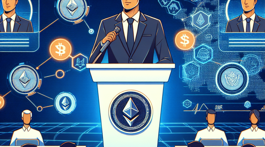 "Digital illustration of Alon Muroch, CEO of SSV Labs, speaking confidently at a podium emblazoned with the Ethereum logo at a digital conference. A diverse array of Ethereum validators depicted in the dark blue background symbolize the staking infrastructure. Orange signs of alarm representing slashing incidents are counterbalanced by a protective shield, signifying the security and integrity of SSV protocol. The entire image is dipped in brand colours with a midnight blue podium. The strong and clear font text 'SSV Staking: Resilient Despite Slashing Incidents' cements the whole scene."