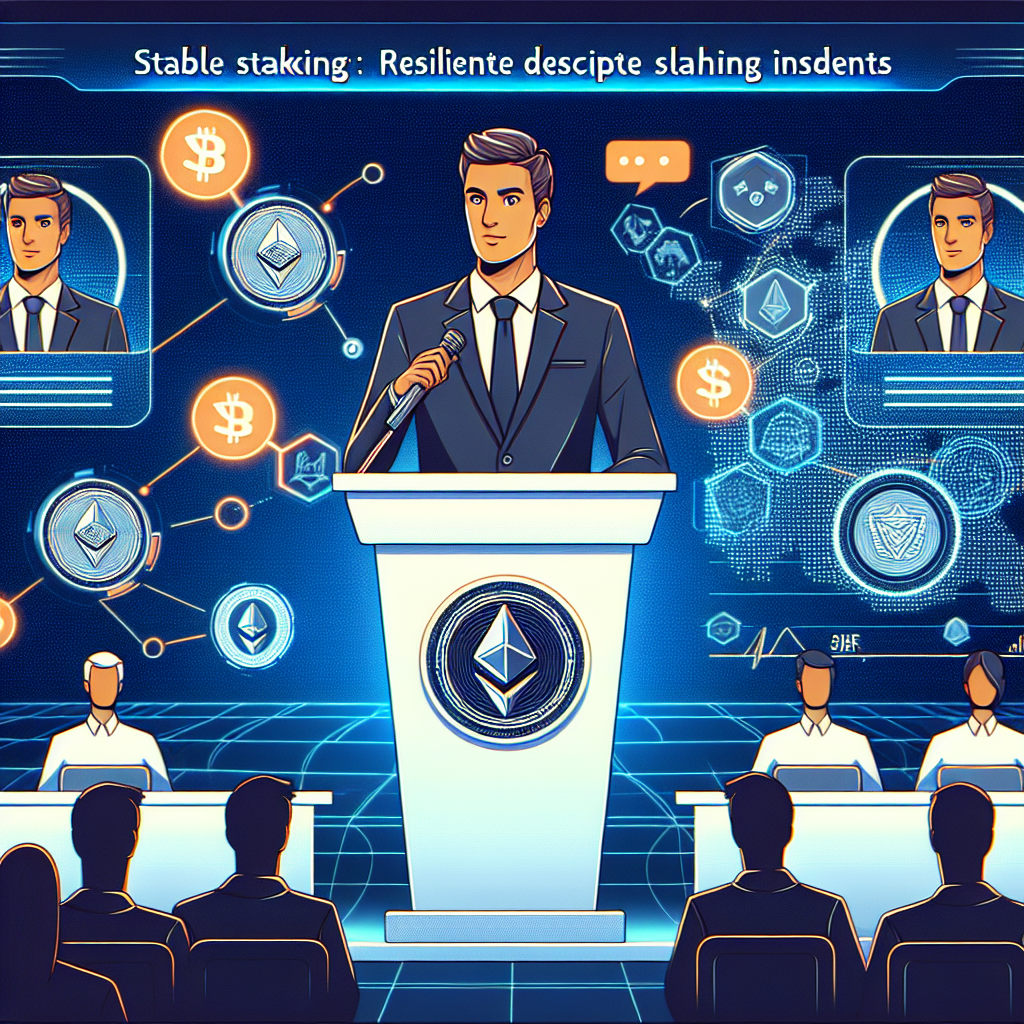 "Digital illustration of Alon Muroch, CEO of SSV Labs, speaking confidently at a podium emblazoned with the Ethereum logo at a digital conference. A diverse array of Ethereum validators depicted in the dark blue background symbolize the staking infrastructure. Orange signs of alarm representing slashing incidents are counterbalanced by a protective shield, signifying the security and integrity of SSV protocol. The entire image is dipped in brand colours with a midnight blue podium. The strong and clear font text 'SSV Staking: Resilient Despite Slashing Incidents' cements the whole scene."