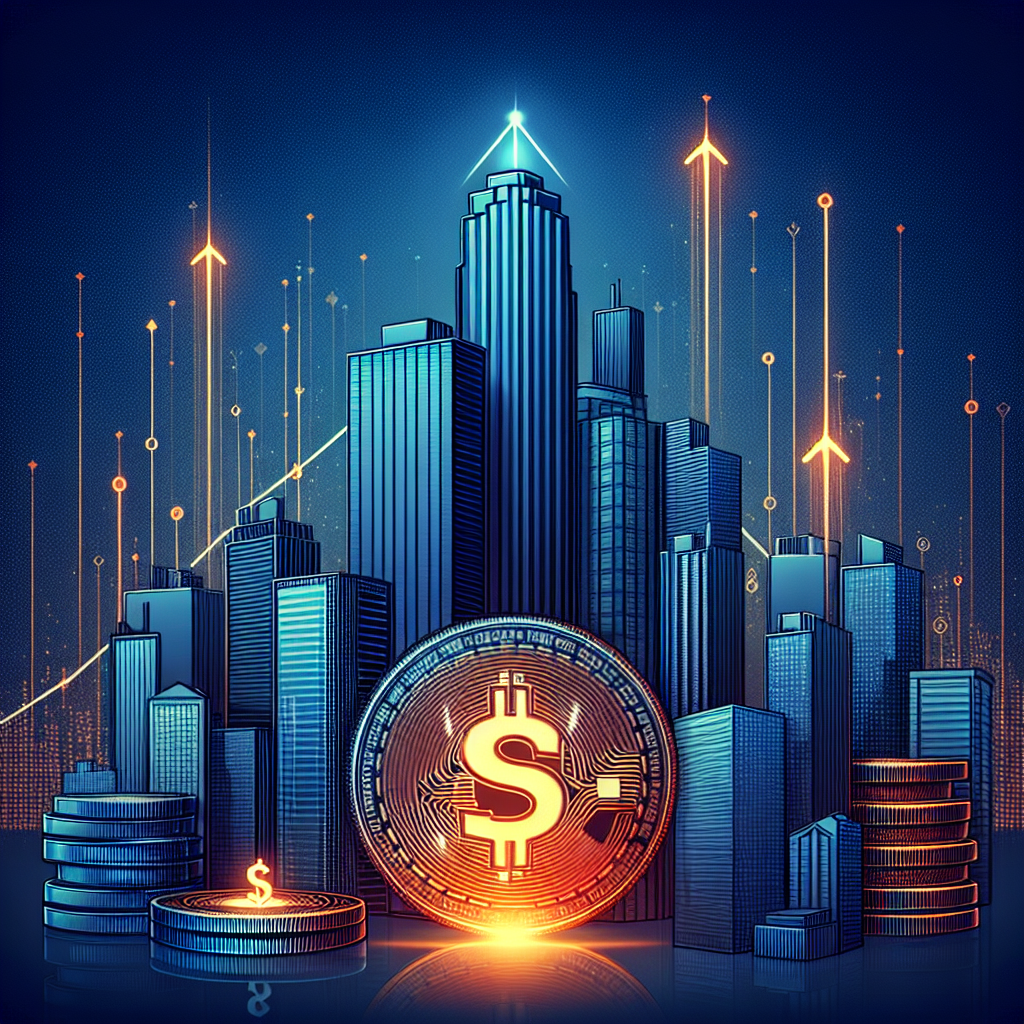 "An engaging digital illustration in brand colors showcasing the potential growth of stablecoins in the global finance sector, featuring corporate buildings, digital coins with dollar symbols, and upward trajectory lines denoting growth. Also displays the text 'The Future of Finance: Stablecoins' and highlights a 5%-10% forecast of stablecoins' share in cross-border payments by 2030."