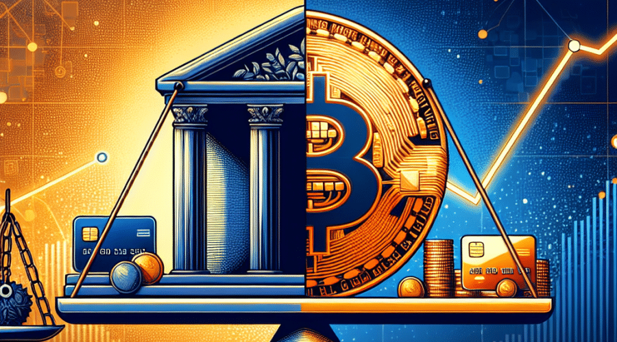 "Digital illustration of a balanced scale, displaying traditional banking symbols, such as a bank building and credit cards, against a shining stablecoin. A subtle graph in the background portrays the increasing adoption of stablecoins. This image uses a color scheme of Orange #FF9811, Dark Blue #000D43, and Midnight Blue #021B88, specifically formatted to fit 1200 x 628 pixels."