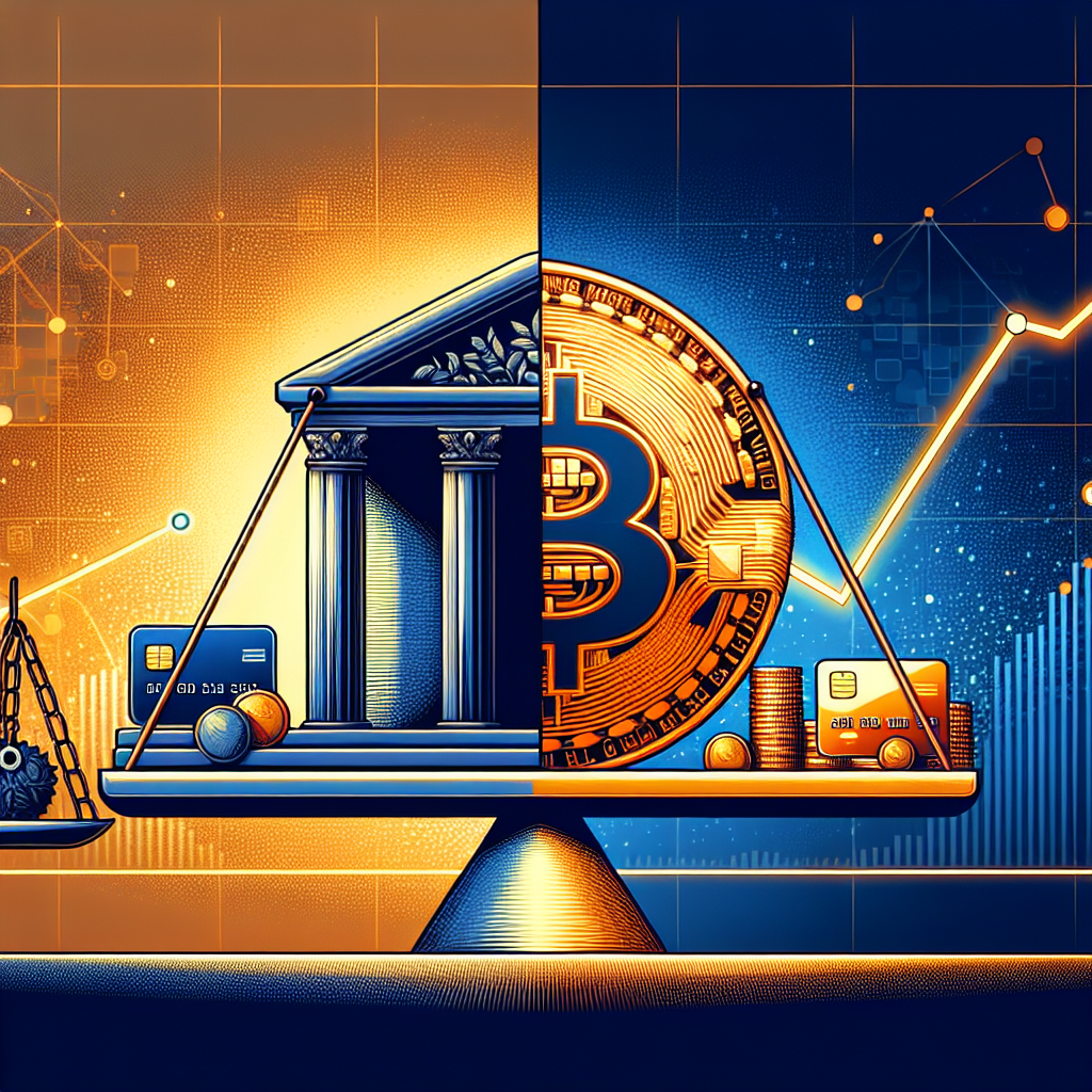 "Digital illustration of a balanced scale, displaying traditional banking symbols, such as a bank building and credit cards, against a shining stablecoin. A subtle graph in the background portrays the increasing adoption of stablecoins. This image uses a color scheme of Orange #FF9811, Dark Blue #000D43, and Midnight Blue #021B88, specifically formatted to fit 1200 x 628 pixels."