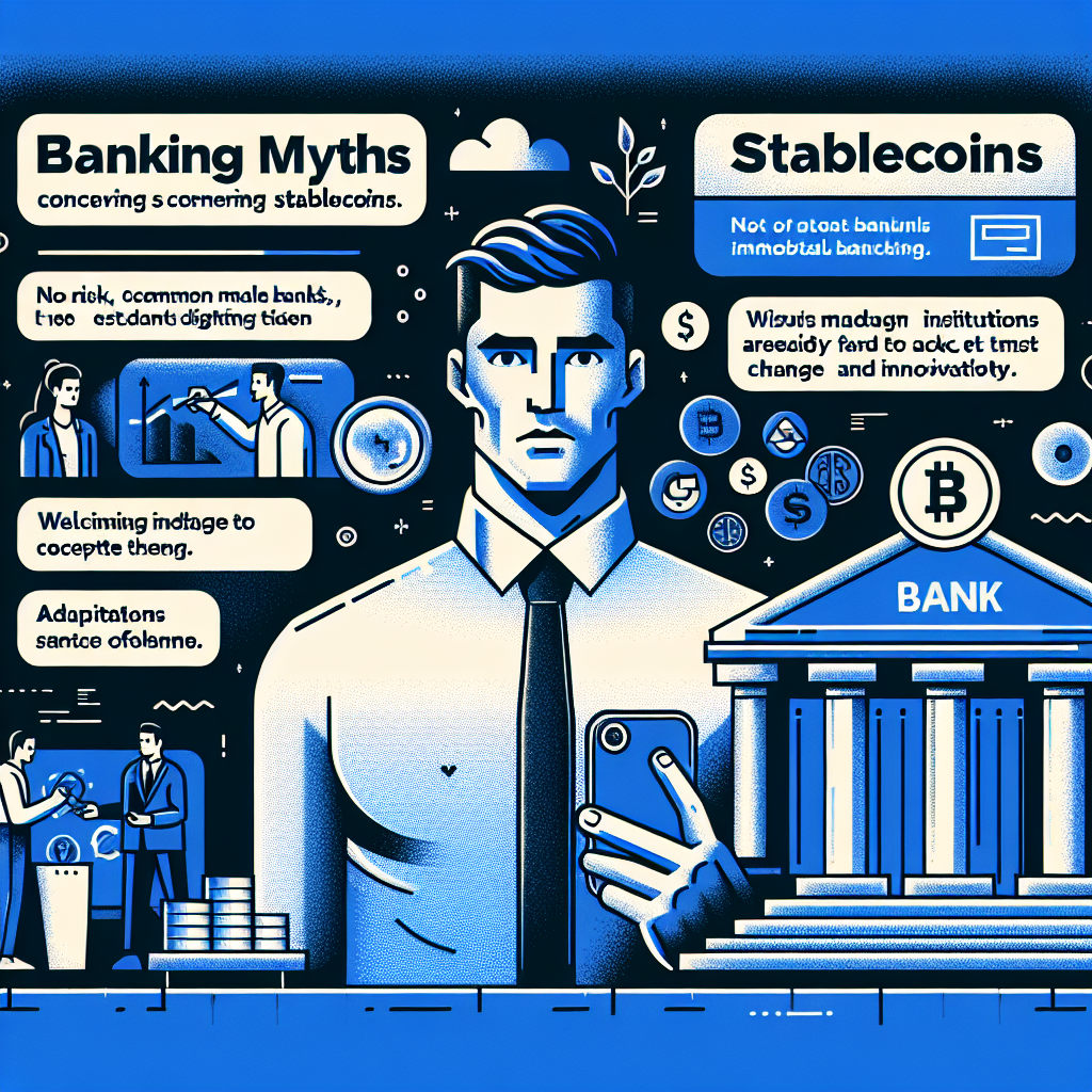 "SEO alt-text: Faryar Shirzad illustrative presentation debunking traditional banking myths on stablecoins with digital tokens representation, alluding no risk, speed, efficiency, and adaptation, set on a midnight blue backdrop. Below, worried traditional bank versus embracing financial institutions, all text in contrasting dark blue, highlighted elements in brand's orange, designed at a balanced, easily readable 1200x628px; ideal for a WordPress blog post."