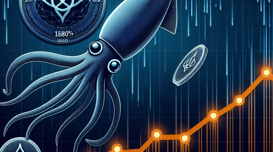 "Conceptual graphic showcasing Subsquid logo - a depiction of an octopus or squid soaring up an orange line graph against a backdrop transitioning from dark blue to midnight blue, with transparent digital coins marked 'SQD' dripping from above. Bold white text in the dark blue gradient section reads: 'Subsquid Defies Market Trends with 180% Price Spike'."