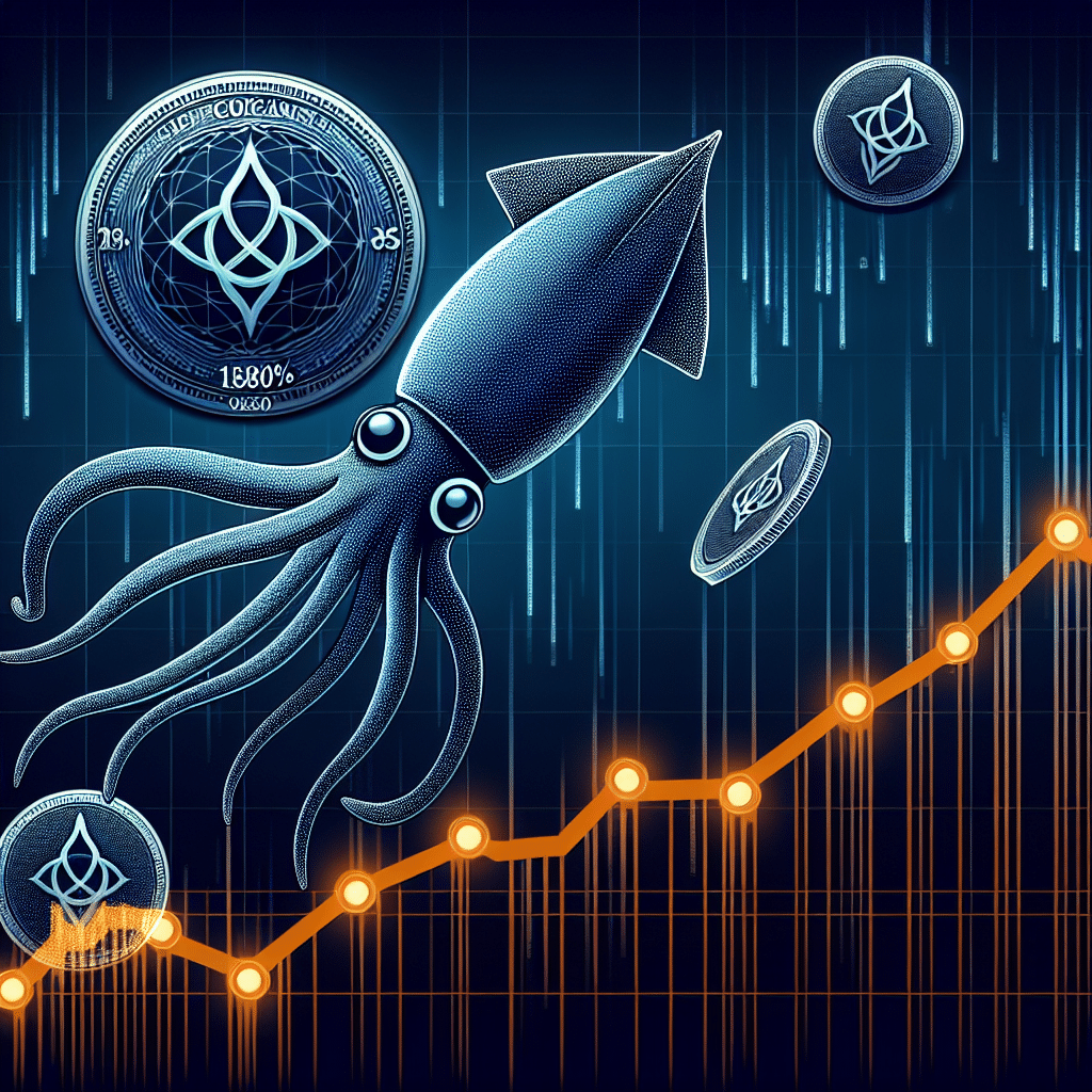 "Conceptual graphic showcasing Subsquid logo - a depiction of an octopus or squid soaring up an orange line graph against a backdrop transitioning from dark blue to midnight blue, with transparent digital coins marked 'SQD' dripping from above. Bold white text in the dark blue gradient section reads: 'Subsquid Defies Market Trends with 180% Price Spike'."
