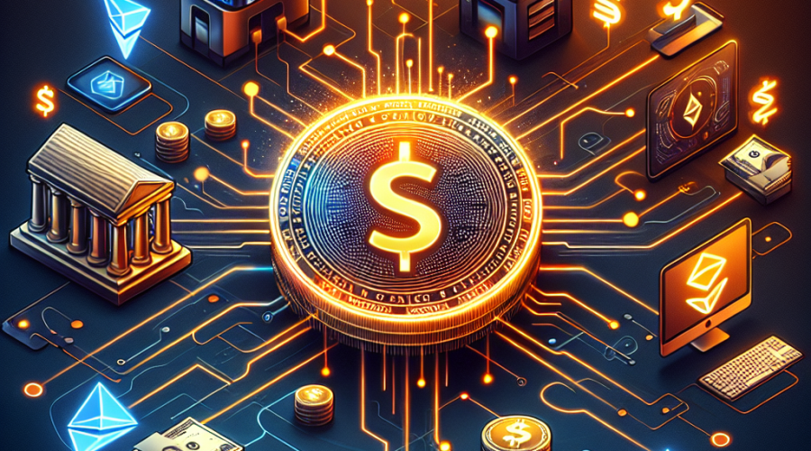 **SEO alt-text:** Digital illustration visualizing the global transformation of finance through stablecoins, featuring a luminous coin labeled “Stablecoin” at the center, interconnected with traditional bank buildings, blockchain icons, payment cards, and digital wallets. Flowing arrows and circuitry illustrate the integration of legacy banking and modern blockchain technology. Dollar, euro, and won symbols highlight worldwide adoption. Professional and futuristic palette in brand colors orange (#FF9811), dark blue (#000D43), and midnight blue (#021B88). Ideal for articles on stablecoins, fintech innovation, and digital currency evolution. Let me know if you want the alt-text length adjusted or tailored for a specific platform!