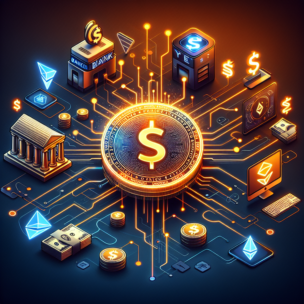 **SEO alt-text:** Digital illustration visualizing the global transformation of finance through stablecoins, featuring a luminous coin labeled “Stablecoin” at the center, interconnected with traditional bank buildings, blockchain icons, payment cards, and digital wallets. Flowing arrows and circuitry illustrate the integration of legacy banking and modern blockchain technology. Dollar, euro, and won symbols highlight worldwide adoption. Professional and futuristic palette in brand colors orange (#FF9811), dark blue (#000D43), and midnight blue (#021B88). Ideal for articles on stablecoins, fintech innovation, and digital currency evolution. Let me know if you want the alt-text length adjusted or tailored for a specific platform!