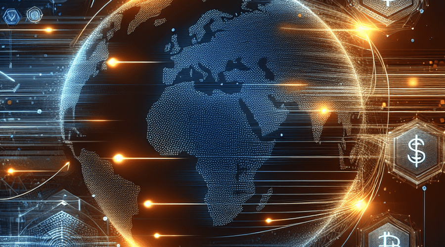 Sure! Here’s an optimized SEO-friendly alt-text for the described image: "Sleek digital illustration of global cross-border payments transformation, featuring interconnected international banks exchanging money seamlessly with dynamic orange #FF9811 transaction streams. Includes subtle blockchain and XRP coin elements, set against a professional dark blue #000D43 and midnight blue #021B88 background. Evokes trust, technological innovation, and worldwide financial connectivity—sized 1200x628 pixels for a WordPress blog header."