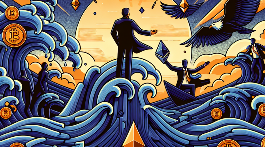 "Founders confidently facing turbulent waves coloured in midnight blue (#021B08) and dark blue (#000D43), symbolising leadership amidst the volatile environment of cryptocurrencies. Emphasis on the Ethernet symbol and a phoenix rising from the ashes depicted in orange (#FF9811), representing resilience and adaptability in the decentralised world of Web3. Overlay text reading 'Resilience and Leadership in Web3: Thrive Through Mistakes' provides a narration of the depicted concept. Image composition respects brand identity and has a dimension of 1200x628 pixels."