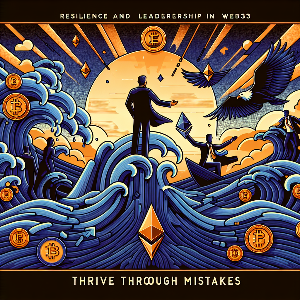 "Founders confidently facing turbulent waves coloured in midnight blue (#021B08) and dark blue (#000D43), symbolising leadership amidst the volatile environment of cryptocurrencies. Emphasis on the Ethernet symbol and a phoenix rising from the ashes depicted in orange (#FF9811), representing resilience and adaptability in the decentralised world of Web3. Overlay text reading 'Resilience and Leadership in Web3: Thrive Through Mistakes' provides a narration of the depicted concept. Image composition respects brand identity and has a dimension of 1200x628 pixels."