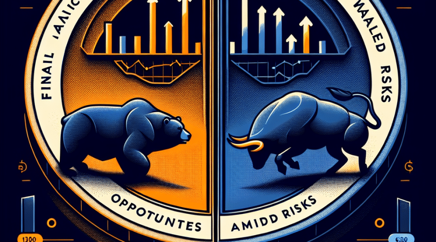"SEO Image of a Bull and Bear in battle, representing market trends on a coin-style battlefield with a Trump Coin logo and relevant investment headlines in prominent Orange, Dark Blue, and Midnight Blue colors, integrating the brand's visual aesthetic."