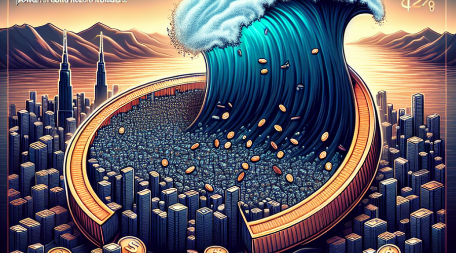 "SEO Alt-text: Uniswap UNI token fallen and split open unveiling smaller tokens indicative of accumulation by whales, against a skyline with a darkly shaded rising wave signifying record trading volume, all set in shades of Orange, Dark Blue and Midnight Blue aligning with brand colour scheme. Image dimensions are 1200 by 628 pixels, titled 'Uniswap: Fall & Rise' in bold at the top."