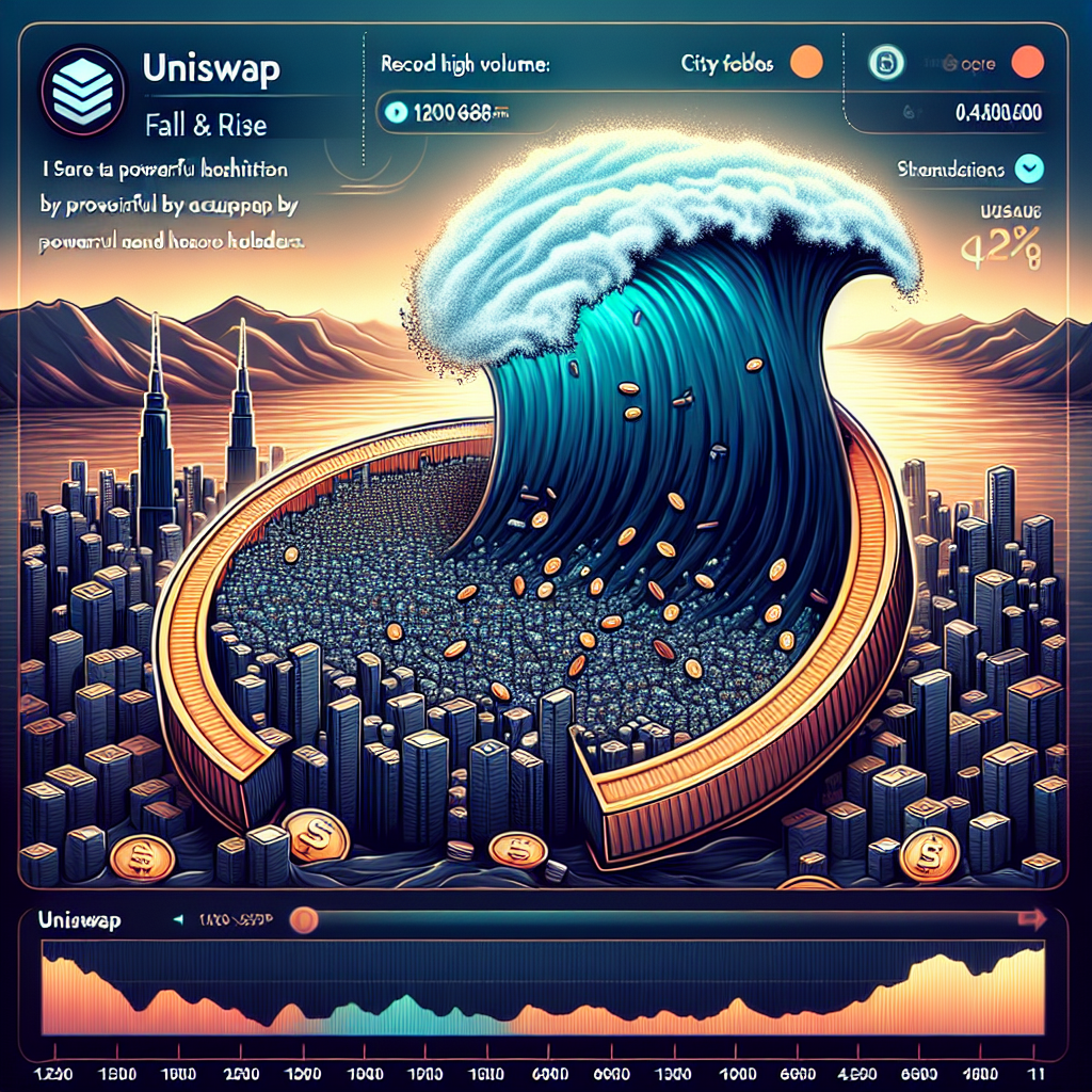"SEO Alt-text: Uniswap UNI token fallen and split open unveiling smaller tokens indicative of accumulation by whales, against a skyline with a darkly shaded rising wave signifying record trading volume, all set in shades of Orange, Dark Blue and Midnight Blue aligning with brand colour scheme. Image dimensions are 1200 by 628 pixels, titled 'Uniswap: Fall & Rise' in bold at the top."