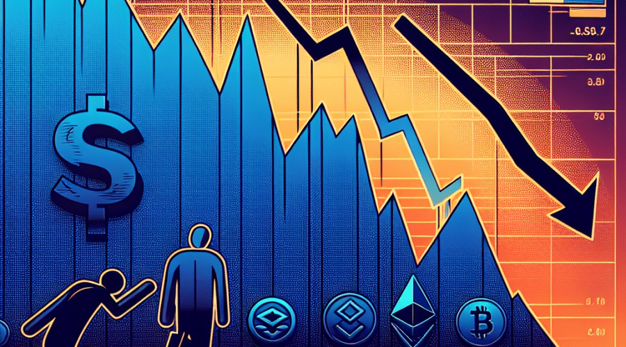 "SEO alt-text: Downward trending graph illustrating Ether and Bitcoin ETFs outflows in dark and midnight blue hues against orange background. Panic seller silhouette indicates market pressure. Symbols of USD, Ether, and Bitcoin represent decreased values. Top watermark showing US Securities and Exchange Commission logo hints at pending staking approval."