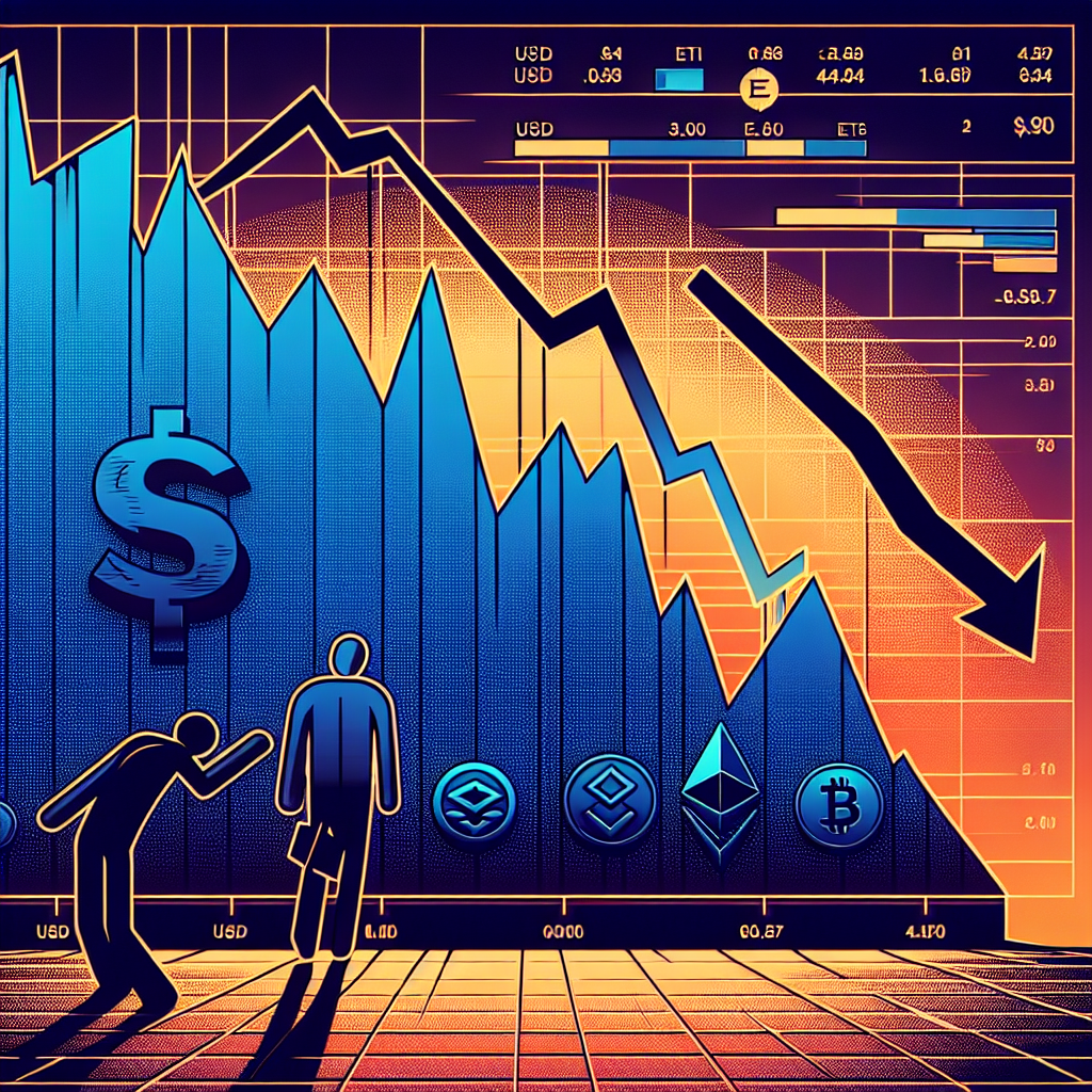 "SEO alt-text: Downward trending graph illustrating Ether and Bitcoin ETFs outflows in dark and midnight blue hues against orange background. Panic seller silhouette indicates market pressure. Symbols of USD, Ether, and Bitcoin represent decreased values. Top watermark showing US Securities and Exchange Commission logo hints at pending staking approval."