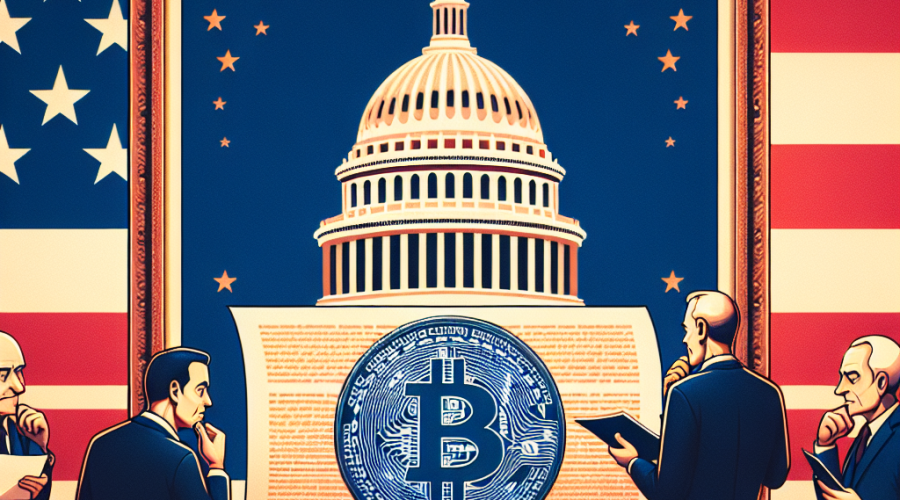 "American lawmakers debating Strategic Bitcoin Reserve bill with prominent Bitcoin illustration, Treasury Department building, and bill document set against a patriotic American flag backdrop in a midnight blue frame, dark blue text and orange highlights, perfectly capturing the serious tone of the legislation, sized at 1200x628 pixels."