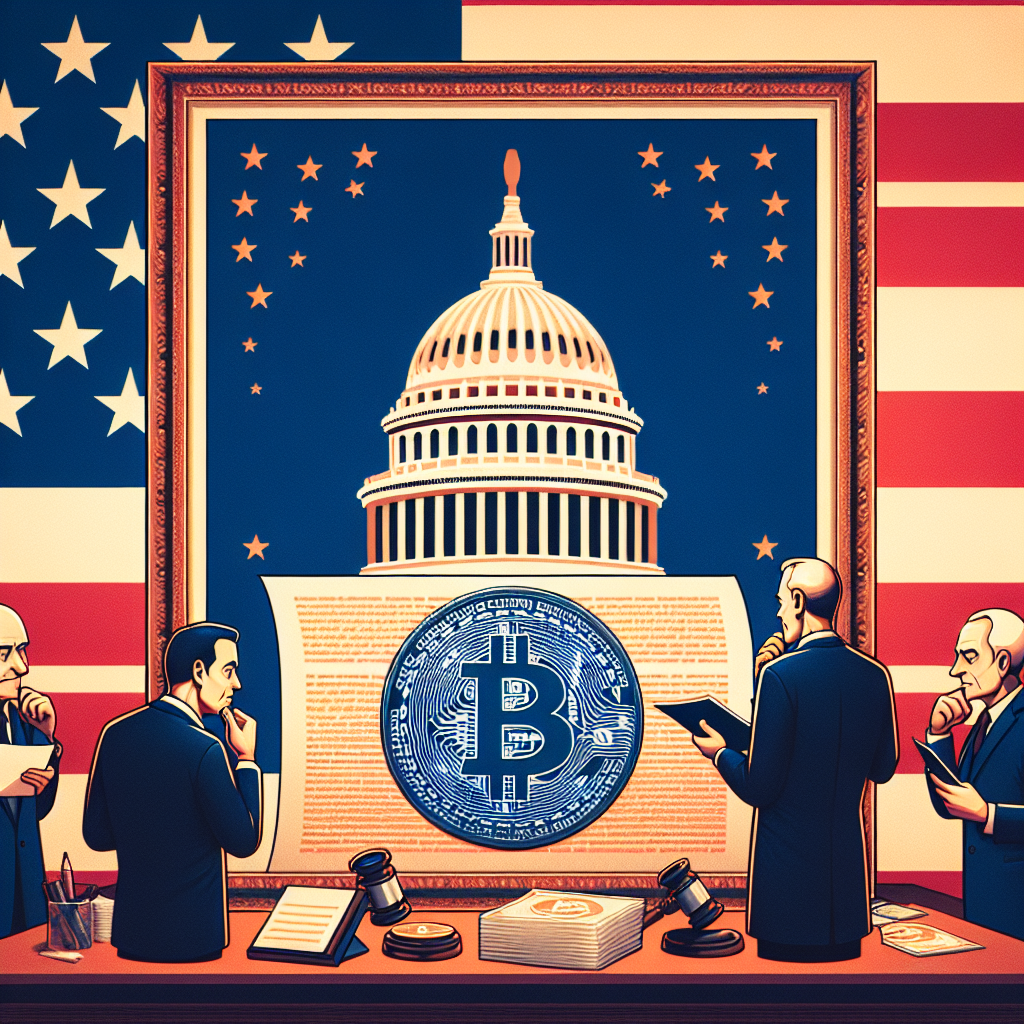 "American lawmakers debating Strategic Bitcoin Reserve bill with prominent Bitcoin illustration, Treasury Department building, and bill document set against a patriotic American flag backdrop in a midnight blue frame, dark blue text and orange highlights, perfectly capturing the serious tone of the legislation, sized at 1200x628 pixels."