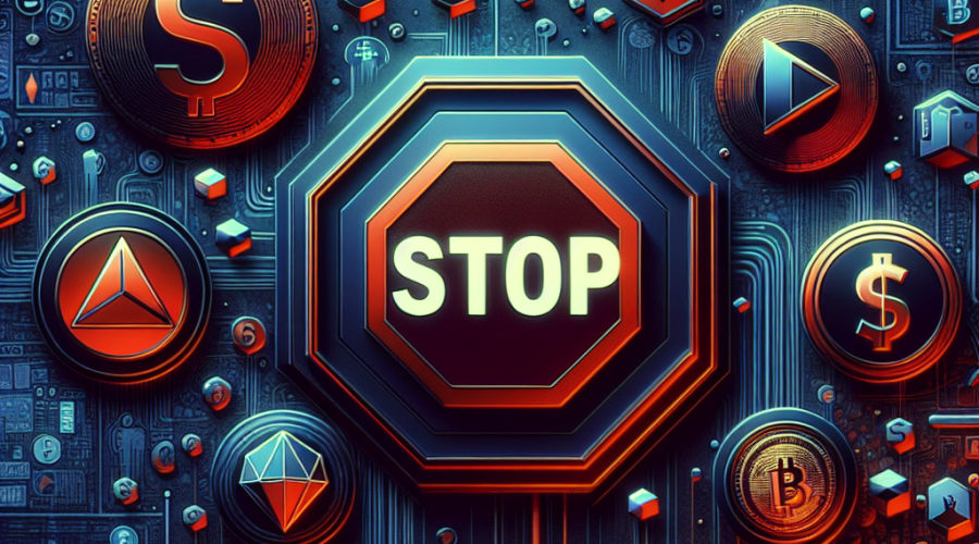 "US SEC regulating crypto trading, QMMM Holdings under scrutiny for potential stock manipulation, depicted by the SEC symbol, QMMM logo, Bitcoin, Ether, Solana coins in orange, dark blue and midnight blue brand colors, and a dominating red stop sign to signify halted trading."
