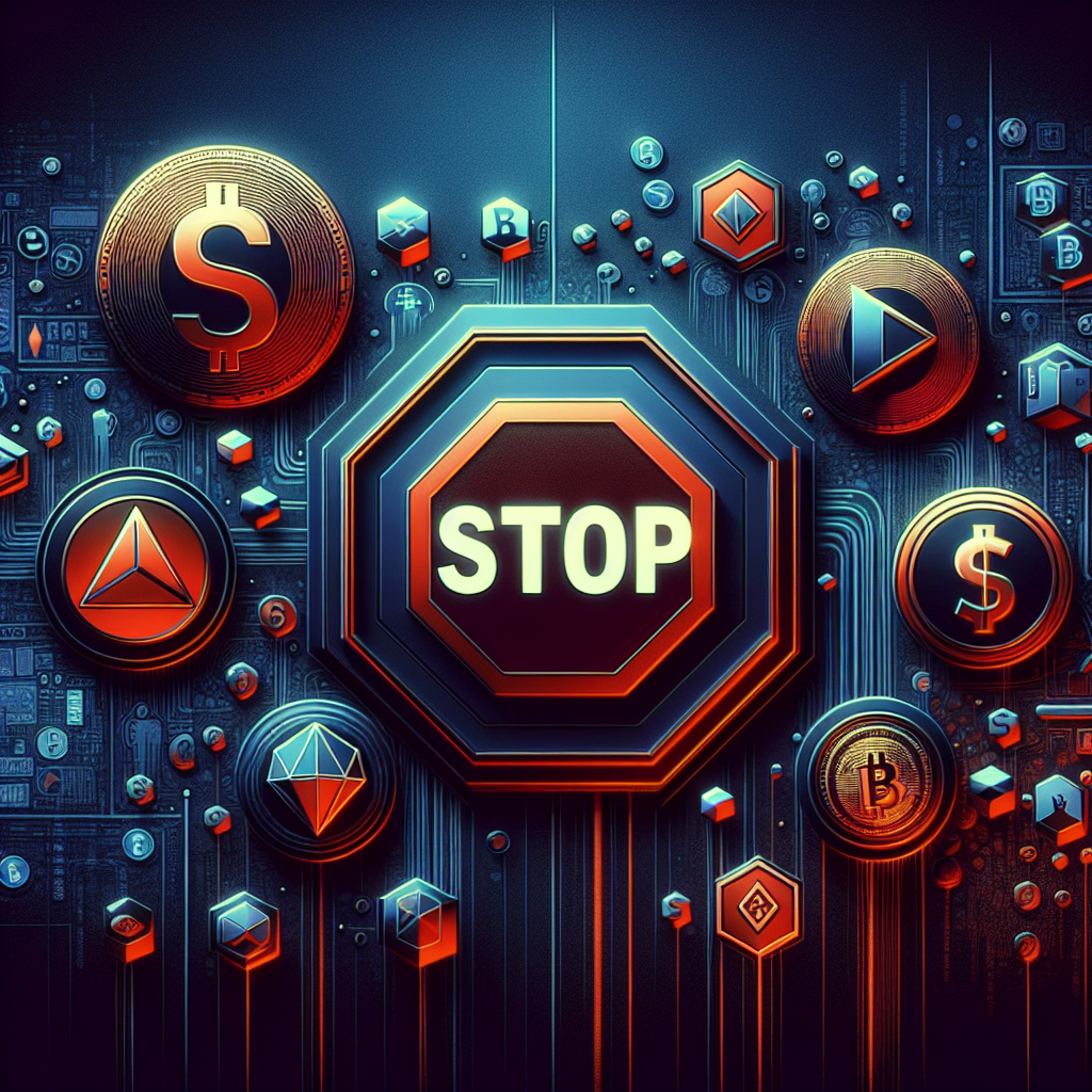 "US SEC regulating crypto trading, QMMM Holdings under scrutiny for potential stock manipulation, depicted by the SEC symbol, QMMM logo, Bitcoin, Ether, Solana coins in orange, dark blue and midnight blue brand colors, and a dominating red stop sign to signify halted trading."
