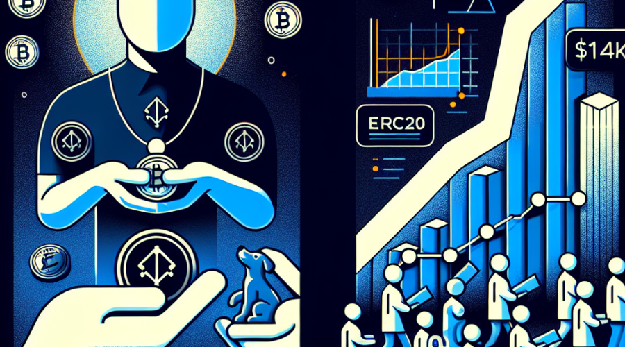 "Vitalik Buterin as an influential figure in the cryptocurrency universe, holding PUPPIES and ERC20 tokens and converting them into a stack of money in a minimalist design, surrounded by investors heading towards the rising graph of the XYZVerse market, incorporating relevant keywords including 'Memecoin', '4k', and 'XYZVerse'. Image in brand colors Midnight Blue, Dark Blue and Orange accents, created in web 3.0 futuristic typeface, size 1200 x 628 pixels."