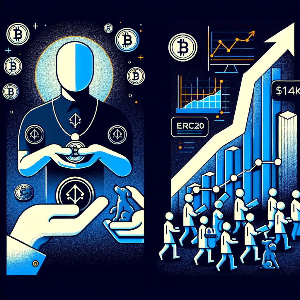 "Vitalik Buterin as an influential figure in the cryptocurrency universe, holding PUPPIES and ERC20 tokens and converting them into a stack of money in a minimalist design, surrounded by investors heading towards the rising graph of the XYZVerse market, incorporating relevant keywords including 'Memecoin', '$114k', and 'XYZVerse'. Image in brand colors Midnight Blue, Dark Blue and Orange accents, created in web 3.0 futuristic typeface, size 1200 x 628 pixels."