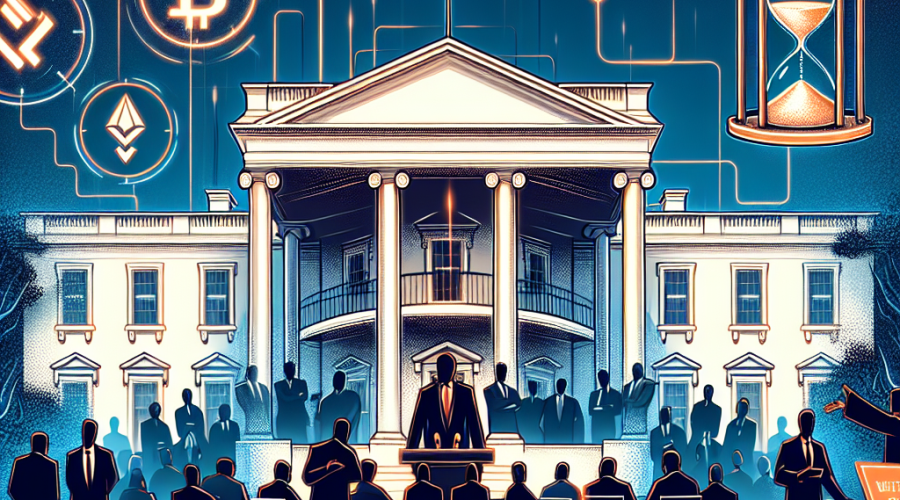 "White House illustration with debating silhouettes for cryptocurrency regulation, various crypto symbols in the background, a stalled clock symbolizing Brian Quintenz's confirmation on the right, and overlay text in orange 'White House Considers New CFTC Chair: Crypto Regulation in Focus' against a dark blue and clean modern design. Bottom bar in midnight blue with 'The CFTC Debate Continues' text in orange."