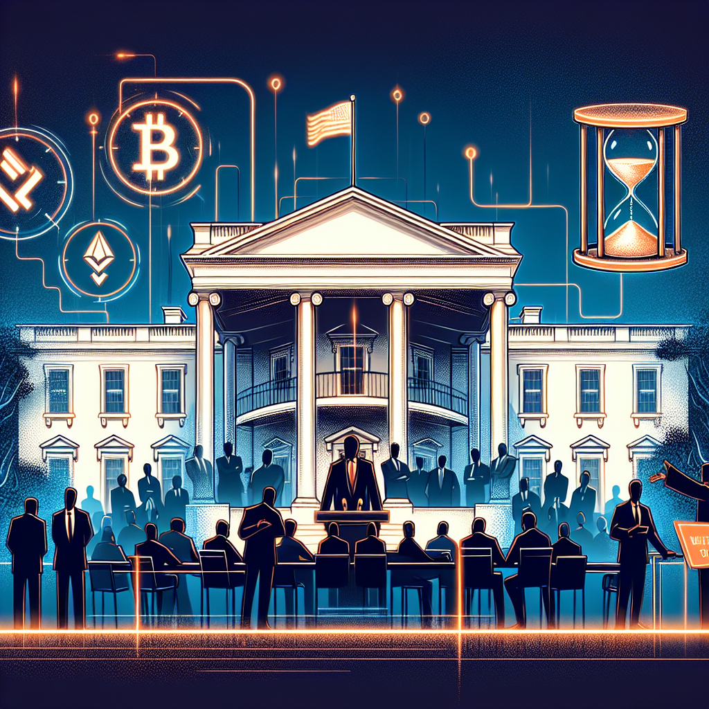 "White House illustration with debating silhouettes for cryptocurrency regulation, various crypto symbols in the background, a stalled clock symbolizing Brian Quintenz's confirmation on the right, and overlay text in orange 'White House Considers New CFTC Chair: Crypto Regulation in Focus' against a dark blue and clean modern design. Bottom bar in midnight blue with 'The CFTC Debate Continues' text in orange."