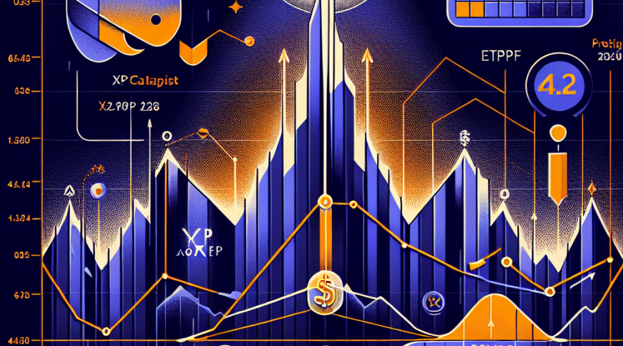 "An intricately detailed 1200x628 pixel image, presenting a rising XRP cryptocurrency graph with a falling wedge formation overlay. A key pivot point is distinctly marked suggesting a potential rebound. The surge is symbolized via a vivid shade of Orange (#FF9811) and drops are represented by Dark Blue (#000D43), all set against a stylish Midnight Blue (#021B88) background. Noteworthy elements like XRP logo, calendar icon for deadlines, and an ETF icon reflecting the catalyst have been thoughtfully placed. A promising upwards arrow, pointing towards an optimistic .2 price prediction, stands out. Completing the picture, a semi-transparent bull subtly hints at a bullish market sentiment for XRP."