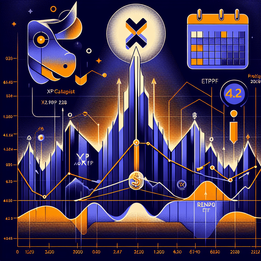 "An intricately detailed 1200x628 pixel image, presenting a rising XRP cryptocurrency graph with a falling wedge formation overlay. A key pivot point is distinctly marked suggesting a potential rebound. The surge is symbolized via a vivid shade of Orange (#FF9811) and drops are represented by Dark Blue (#000D43), all set against a stylish Midnight Blue (#021B88) background. Noteworthy elements like XRP logo, calendar icon for deadlines, and an ETF icon reflecting the catalyst have been thoughtfully placed. A promising upwards arrow, pointing towards an optimistic .2 price prediction, stands out. Completing the picture, a semi-transparent bull subtly hints at a bullish market sentiment for XRP."