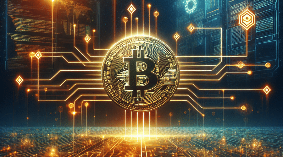 **Great SEO Alt-text:** Sleek modern graphic showing a golden Bitcoin symbol merging with the vibrant Solana “S” logo over a digital bridge of interconnected nodes, representing seamless Bitcoin and Solana integration via Zeus Network’s BitcoinKit developer tools; background features code snippets and blockchain grids in orange, dark blue, and midnight blue, highlighting innovation and cross-chain connectivity for Solana DeFi.
