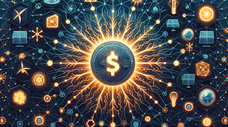 **SEO-Friendly Alt-Text:** Modern blog header image showing the fusion of artificial intelligence, blockchain, and renewable energy with interconnected neural network patterns and blockchain chains blending into solar panels and wind turbines. A glowing $EYE token radiates energy at the center, using vibrant orange, dark blue, and midnight blue for a professional, tech-forward, and sustainable look.